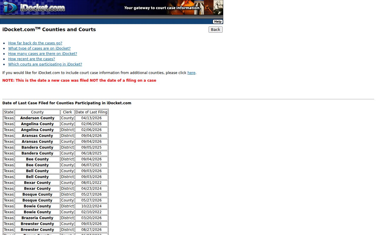 Terrell County case lookup feed dates for County and District court rows